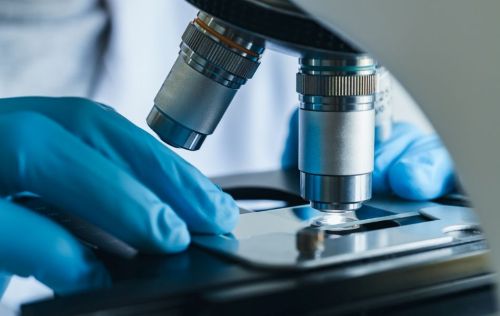 Doctor looking under a microscope following Mohs surgery